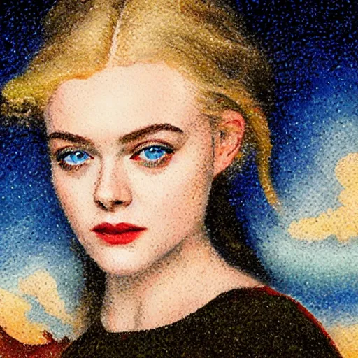 Image similar to professional painting of Elle Fanning in Santorini in the style of Henri-Edmond Cross, head and shoulders portrait, symmetrical facial features, smooth, sharp focus, illustration, intricate, stormy weather, extremely detailed masterpiece,