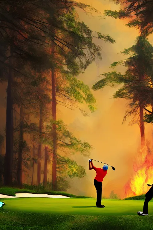 Prompt: golf players on a lush golf course surrended by forests on fire, digital painting, 4k, rays of light, particles light, by sasha kalinkin