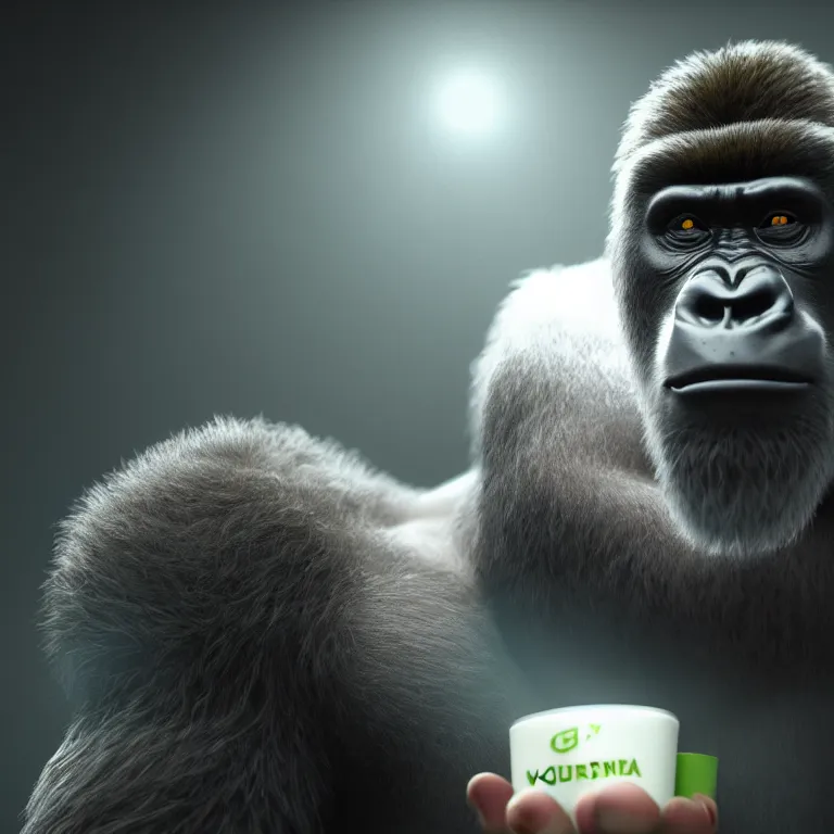 Prompt: a cinematic shot of gorilla wearing yogurt, octane render, volumetric lighting, nvidia raytracing demo, by Andy Thomas, Mario Martinez, Daniel Mirante, Gustave Dore, Artstation, CGsociety, masterpiece