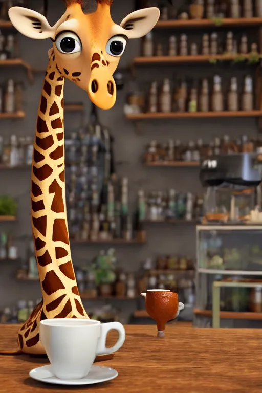 Image similar to a giraffe with big eyes looking for a cup of coffee in beautiful morning café in Paris. Pixar Disney 4K 3d render funny animation movie Oscar winning trending on ArtStation and Behance. Ratatouille style.