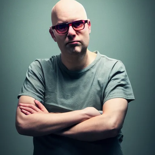 Image similar to High resolution!! Typical bald experimental electronic musician at laptop!! profile picture, 8K, Canon