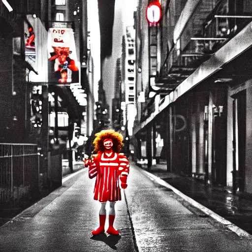 Prompt: scary ronald mcdonald follow kids at night in low light street in manhatten