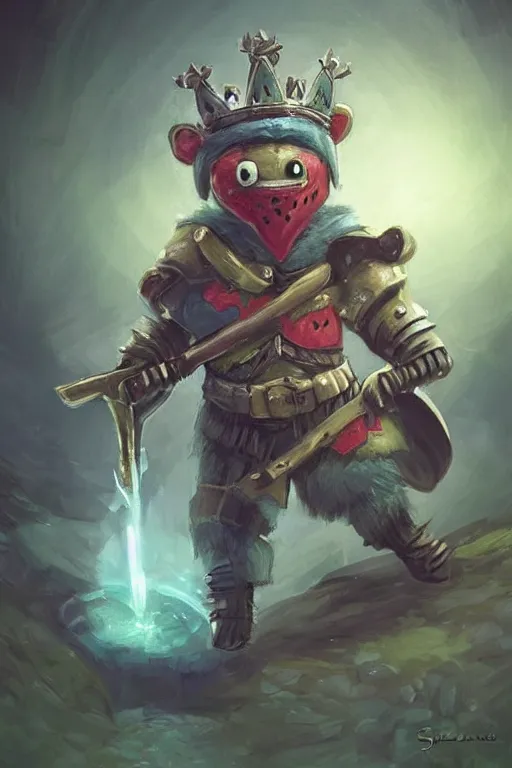 Image similar to cute anthropomorphic watermelon knight wearing a cape and a crown and holding a sniper, tiny, small, miniature bear, baby animal, short, pale blue armor, cute and adorable, pretty, beautiful, DnD character art portrait, matte fantasy painting, DeviantArt Artstation, by Jason Felix by Steve Argyle by Tyler Jacobson by Peter Mohrbacher, cinematic lighting