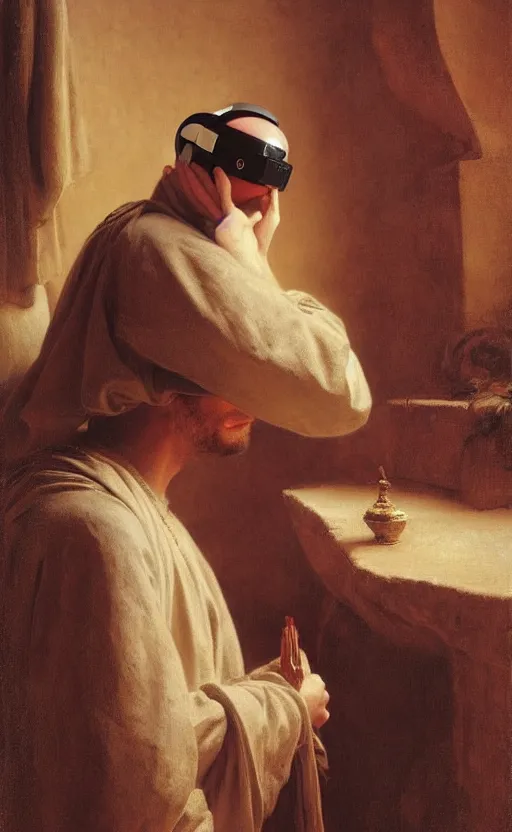 Image similar to a 1 4 th century monk using a vr headset by pierre auguste cot and delphin enjolras and daniel f. gerhartz