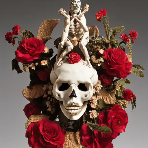 Prompt: a man in the form of a Greek sculpture with a mask in the form of a skull and wreath of flowers skulls in hands dressed in a biomechanical dress, red white and gold color scheme, baroque, by Michelangelo, high detail