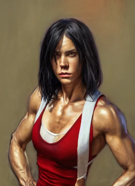 Image similar to a portrait a woman in her 2 0 s, muscular, wearing red tanktop vest with gold lining, white bandages on fists, black hair, short - medium length hair, serious, style by donato giancola, wayne reynolds, jeff easley dramatic light, high detail, cinematic lighting, artstation, dungeons and dragons