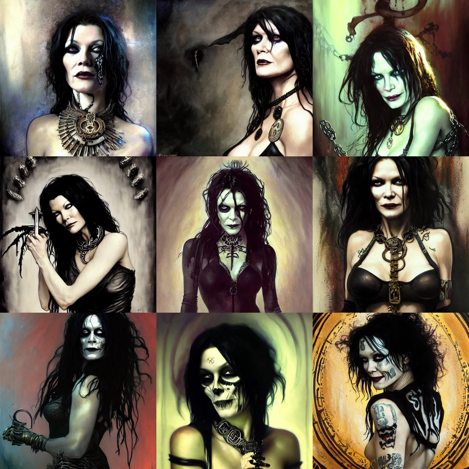 Prompt: beautiful portrait of catherine zeta - jones as death from sandman, smiling, ankh symbol around the neck, by cedric peyravernay, alphonse mucha, by jeremy mann, by lecouffe deharme, goth chic, soft lightning, eyeliner, punk rock, high detailed, 8 k