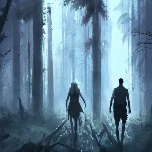 Prompt: concept art by greg rutkowski, a very tall and slender young man walking with a very tall and slender woman through a forest of giant trees, dark atmosphere, surrounded by fireflies, detailed portraits, disturbing atmosphere, scifi, digital painting, artstation, concept art, smooth, sharp foccus ilustration, artstation hq