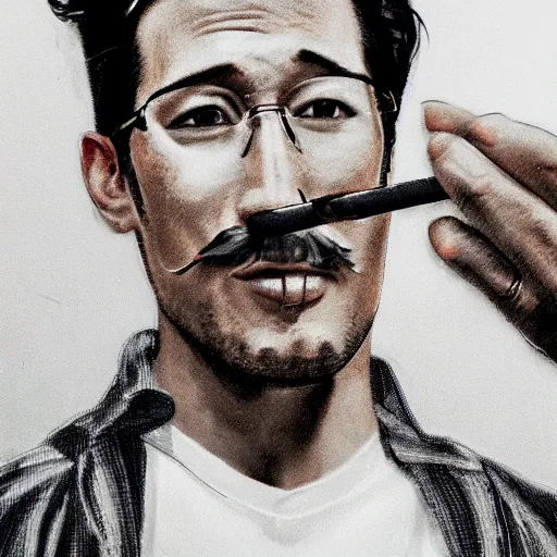 Prompt: a closeup photo of handsome gigachad markiplier smoking a cigar, 8k photorealism, extremly detailed, trending on artstation