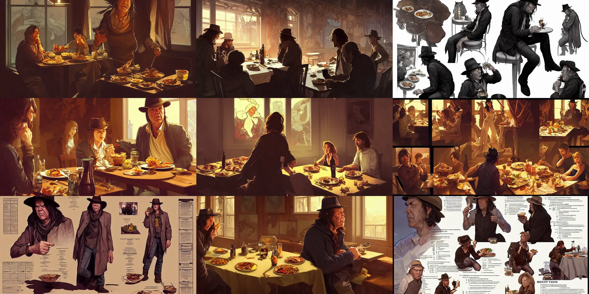 Prompt: neil young eating dinner, character sheet, character design, contrast, deep focus, turnaround, highly detailed, dramatic lighting, digital painting, artstation, concept art, matte, sharp focus, illustration, elegant, art by artgerm and greg f and alphonse mucha.
