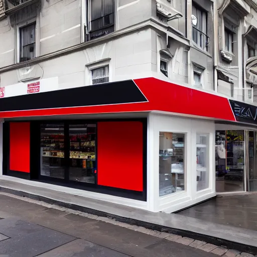 Prompt: Award winning shopfront design, convenience store, anthracite with red accents, metal, paint, textures, highly detailed, bright signage, vinyl on glazing, zaha hadid