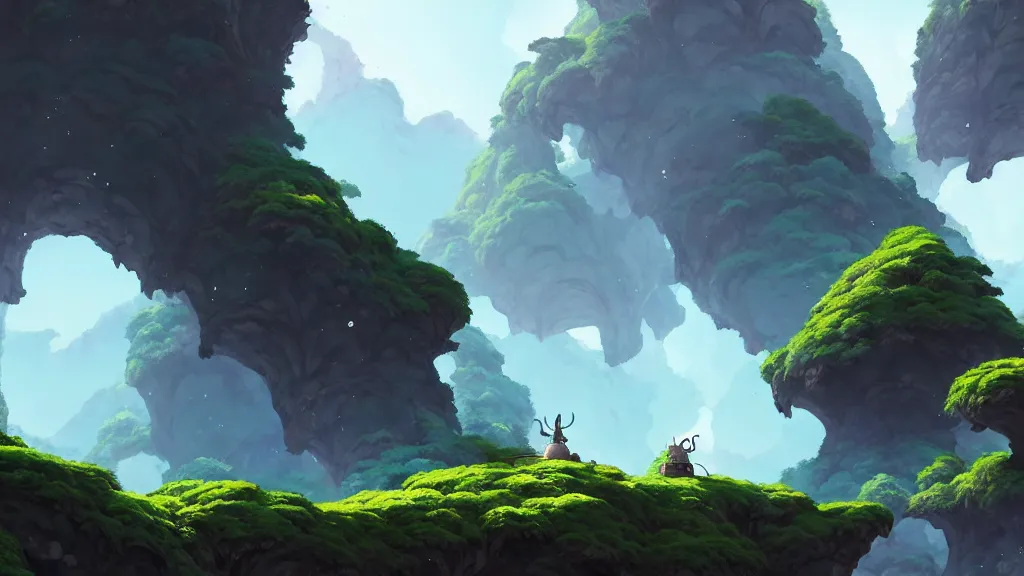 Image similar to side view cave landscape, studio ghibli, pixar and disney animation, sharp, rendered in unreal engine 5, highly detailed, digital painting, artstation, concept art, smooth, sharp focus, illustration, wide angle, artbook, wallpaper, splash art, hollow knight, promo art, dramatic lighting, art by artgerm and greg rutkowski and bo chen and jin xiaodi