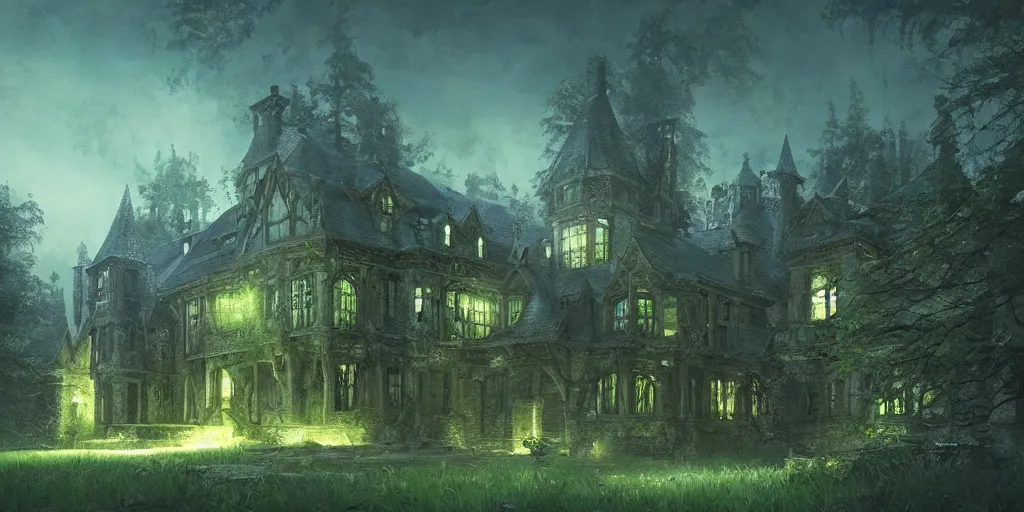 Prompt: beautiful render of a manor in the middle of the forest, unreal engine,, at night, medieval!!!!, green, dark blue!!!!, bright, artstation, detailled, manga!!!, fantasy!!!!!! by greg rutkowski