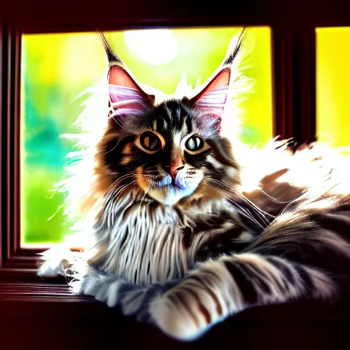 Prompt: portrait cream color maine coon cat curled up, bay window sofa, 8K, 4K, digital art, palette knife, photoshop, sumi-e, oversaturated lens flair, bokeh, sunbeam