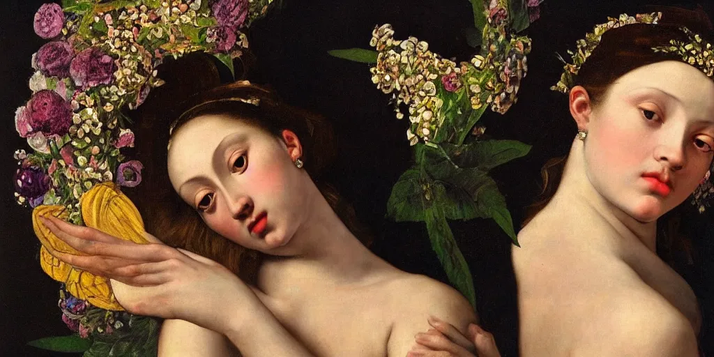 Image similar to a portrait of a very beautiful goddess with a halo behind her head, seductively looking in front, closeup, beautiful aesthetic face, in the style of Caravaggio and Vermeer and Gustav Klimt, realistic, dark, dramatic lighting, large flowers in the background