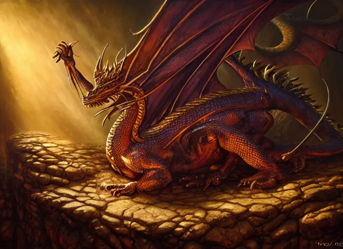 Image similar to dragon asleep on a pile of treasure, dramatic light, dungeon background, treasure, gold, jewels, treasure pile, high detail, fantasy background, painted todd lockwood, jeff easley, greg rutkowski, james gurney, artgerm, digital art, trending on artstation