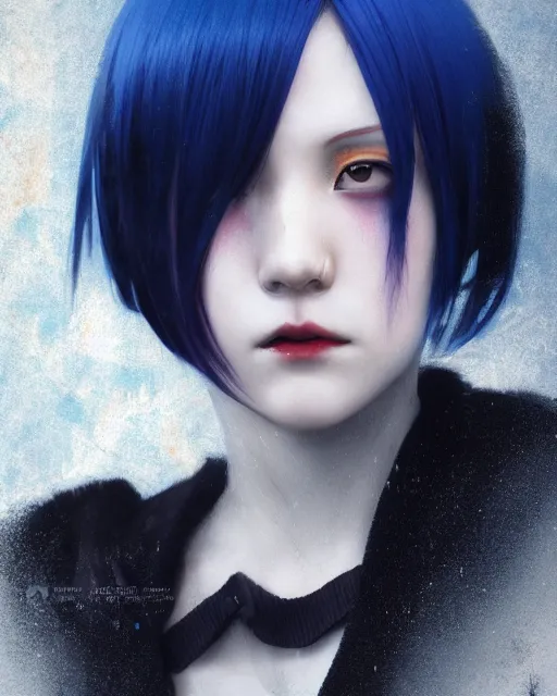 Image similar to touka kirishima from tokyo ghoul, blue hair, modern fashion, half body shot, photo by greg rutkowski, female beauty, f / 2 0, symmetrical face, warm colors, depth of field