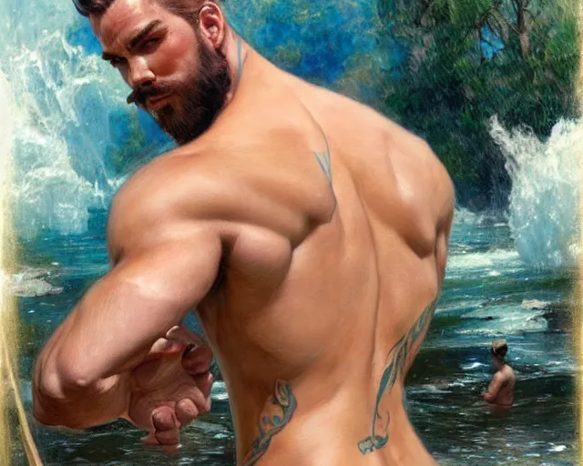 Image similar to handsome tattooed gym bro wades in the river, painting by artgerm, gaston bussiere, craig mullins, j. c. leyendecker, tom of finland