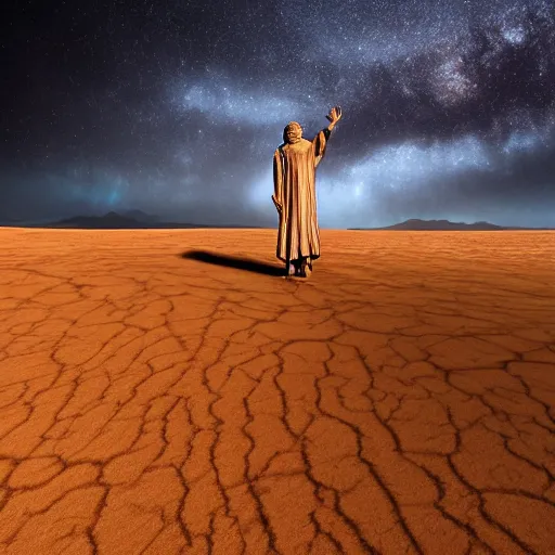 Prompt: ancient god watches over desert, insane details, dark sky.