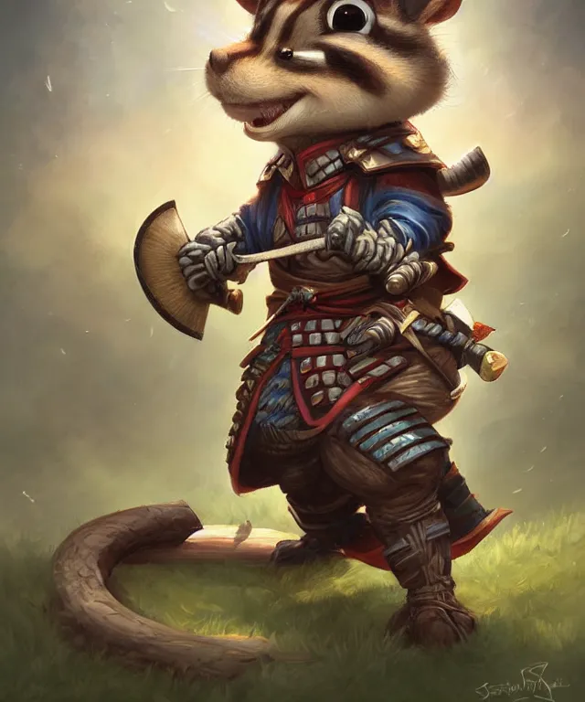 Image similar to anthropomorphic chipmunk samurai, samurai outfit, standing in a beautiful landscape, cute and adorable, dnd character art portrait, matte fantasy painting, deviantart artstation, by jason felix by steve argyle by tyler jacobson by peter mohrbacher, cinematic lighting