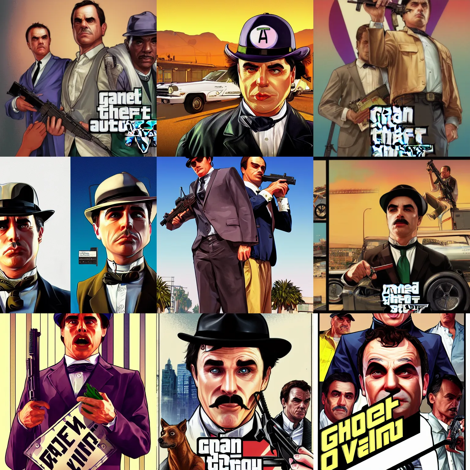 Prompt: GTA V, cover art by Stephen Bliss, Charlie Chaplin, artstation