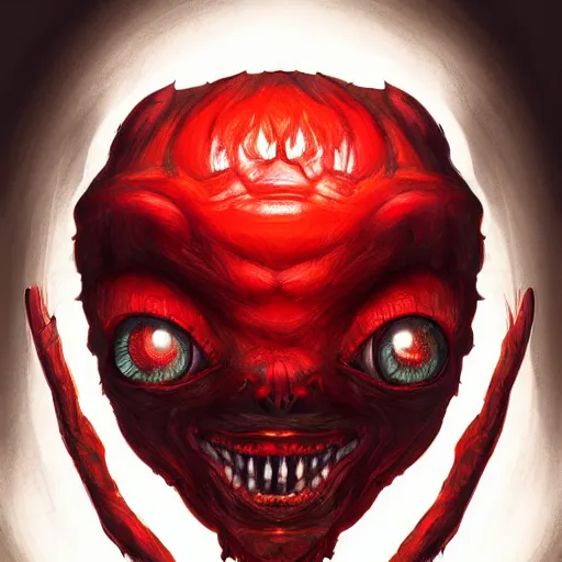 Prompt: portrait of the monster under my bed, symmetrical face, huge gigantic glowing red eyes, kubric stare, crooked smile, highly detailed portrait, horror style, digital painting, artstation, book cover, concept art, smooth, sharp foccus ilustration, artstation hq