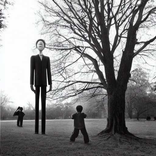 Prompt: slenderman standing in a park where kids are playing, cctv, old picture