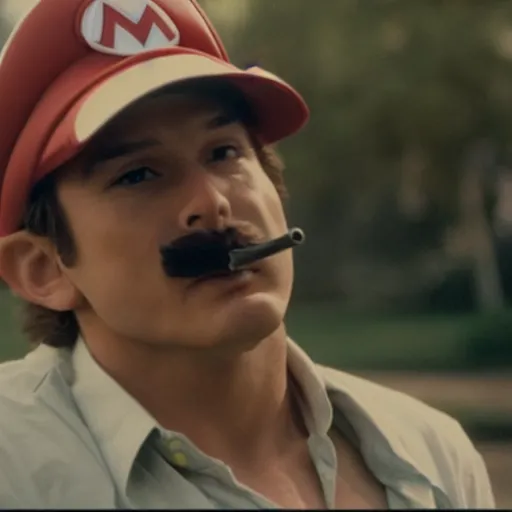 Image similar to Mario smoking in an A24 film aesthetic