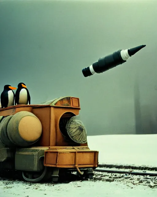 Image similar to giant oversized chubby bulky armored train penguin Dachshund mech, with big Dachshund head , rocket launcher , on a village , Cinematic focus, fujicolor photo, vintage, neutral colors, soft lights, foggy, panorama by by Serov Valentin, by lisa yuskavage, by Andrei Tarkovsky