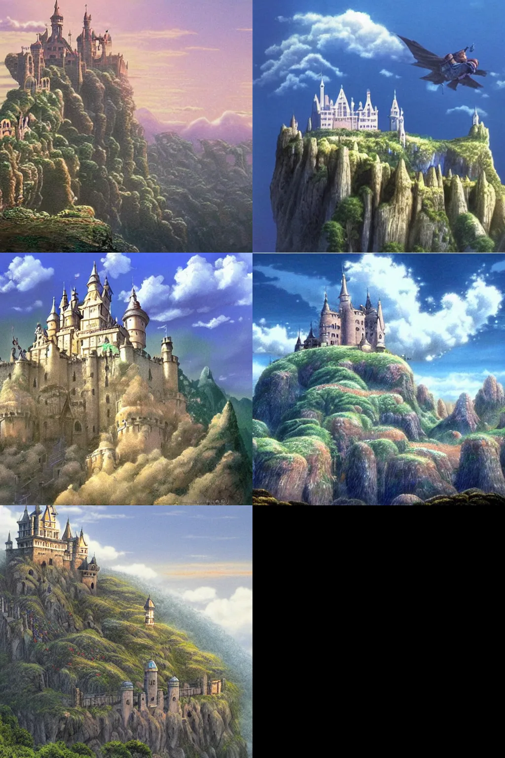 Prompt: a beautiful detailed landscape matte painting of Castle in the Sky, by Hayao Miyazaki,