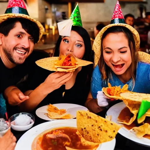 Image similar to A group of angels wearing birthday hats eating tacos de birria at a Mexican restaurant