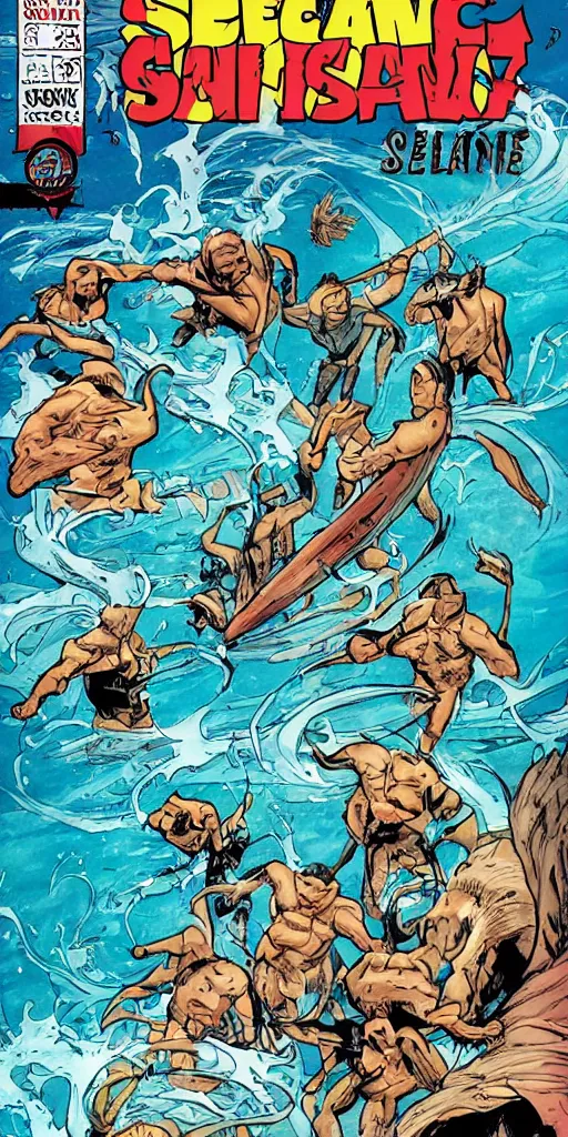 Image similar to comic book about a crew battling a sea creature