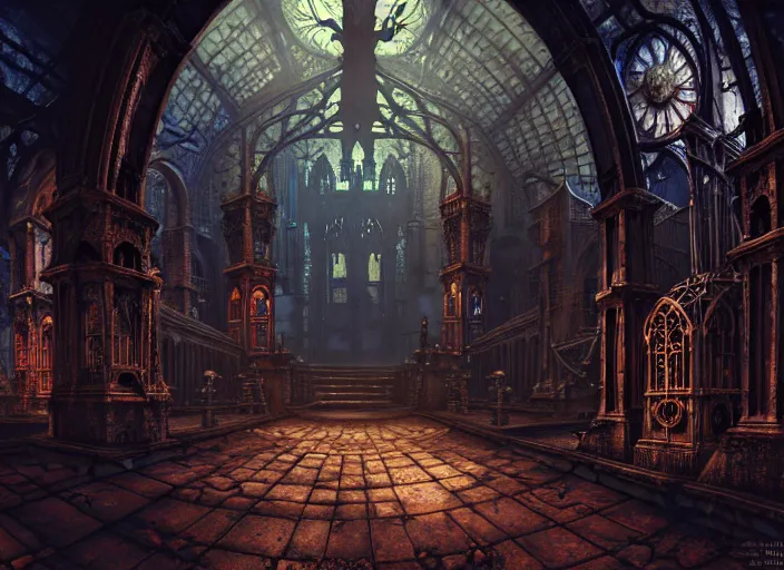 Image similar to steam necropolis, memento mori, gothic, neo - gothic, art nouveau, hyperdetailed copper patina medieval icon, stefan morrell, philippe druillet, ralph mcquarrie, concept art, steampunk, unreal engine, detailed intricate environment, octane render, moody atmospherics, volumetric lighting, ultrasharp, ominous, otherworldly