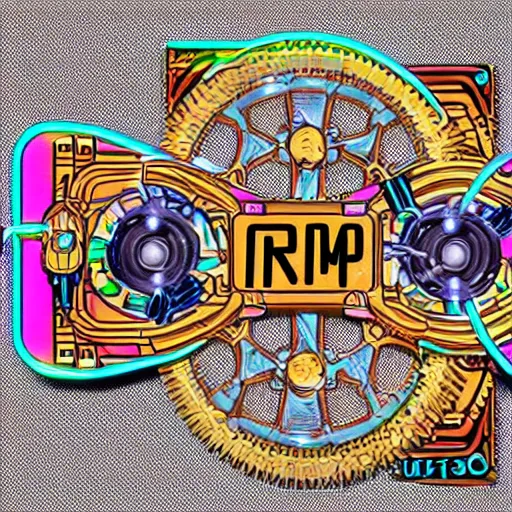 Image similar to sticker of a rock band, name is tripmachine, on the sticker is a 3 d render of a huge futuristic steampunk generator with gears and trippy tubes, 8 k, fluorescent colors, halluzinogenic, multicolored, exaggerated detailed, silk screen art