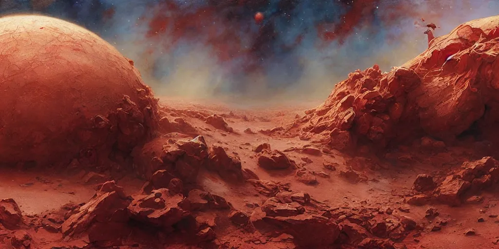 Image similar to supernova, alien surface planet, red desert mars, painted by ruan jia, raymond swanland, lawrence alma tadema, zdzislaw beksinski, norman rockwell, jack kirby, tom lovell, alex malveda, greg staples