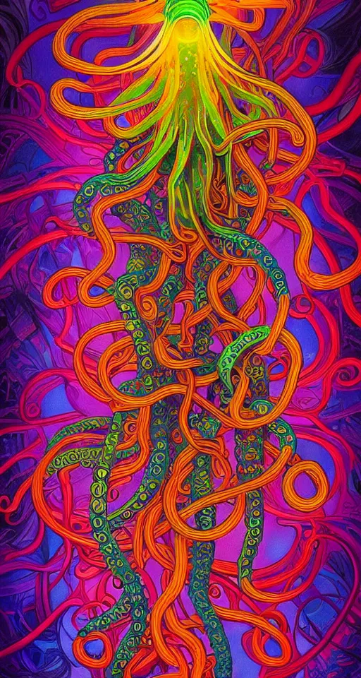 Image similar to An extremely psychedelic abstract illustration of octapus with colorful glowing tentacles, colorful, surreal, dramatic lighting, magic mushrooms, psilocybin, LSD, detailed, intricate, elegant, highly detailed, digital painting, artstation, concept art, smooth, sharp focus, illustration, art by Krenz Cushart and Artem Demura and alphonse mucha, unreal engine 5 render, 8k