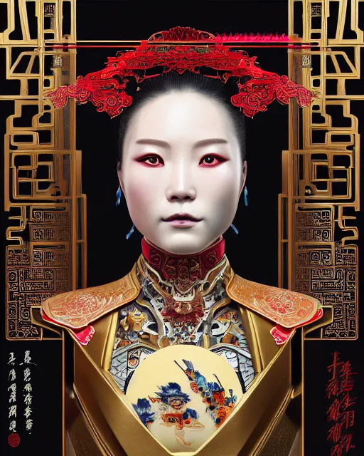 Image similar to portrait of a chinese cyberpunk machine, machine face, robed, upper half portrait, decorated with chinese opera motifs regal asian machine robot cyberpunk fine china, wuxia, traditional chinese art intricate intense elegant 京 剧 highly detailed digital painting artstation concept art smooth sharp focus illustration, art by artgerm and greg rutkowski alphonse mucha 8 k