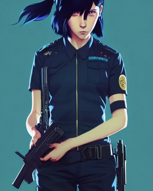 Image similar to girl wearing uniform, holding gun | | audrey plaza, fine detail!! anime!! realistic shaded lighting!! dramatic!! poster by ilya kuvshinov katsuhiro otomo ghost - in - the - shell, magali villeneuve, artgerm, jeremy lipkin and michael garmash and rob rey