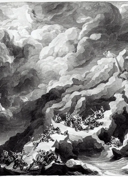 Image similar to all the gods fighting with each other over Mount Olympus, in stormy weather, early 18 century