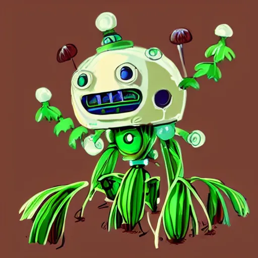 Image similar to cute robot made of plants wearing tomato hat and a chive sword, made in abyss style