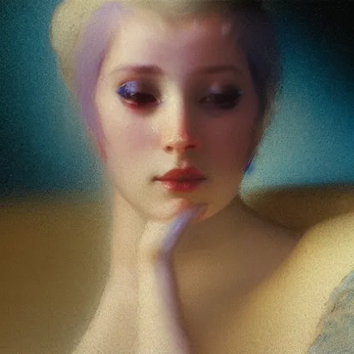 Prompt: a young woman's face, her hair is white and she wears an indigo blue satin cloak, by ivan aivazovsky and syd mead and moebius and gaston bussiere and roger dean and pieter claesz and paul delaroche and alma tadema and aelbert cuyp and mort kunstler, hyperrealistic, volumetric light, octane render