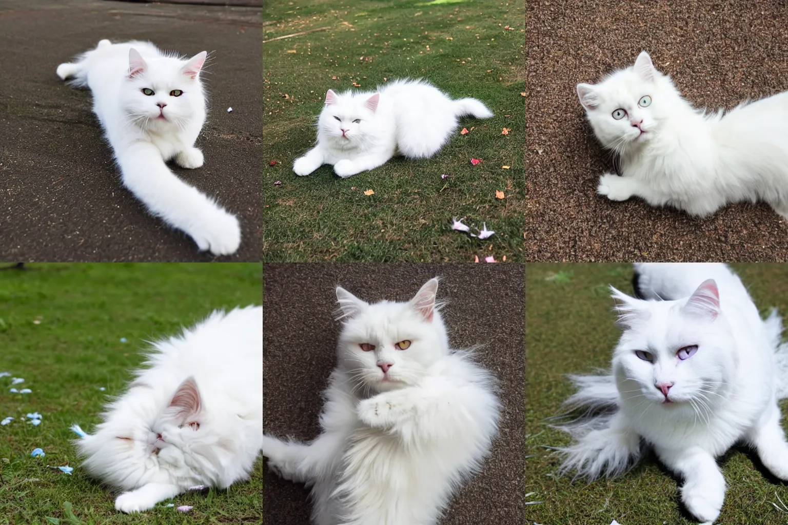 Prompt: a fluffy white cat named Missy V rolling on the ground while experiencing the effects of catnip