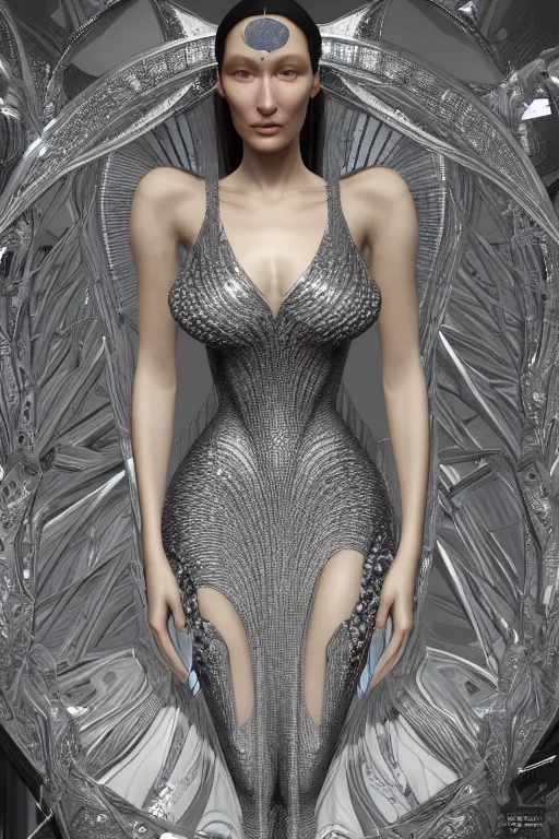 Image similar to a highly detailed 8 k render of a beautiful alien goddess bella hadid in iris van herpen dress schiaparelli in diamonds in style of alphonse mucha trending on artstation made in unreal engine 4