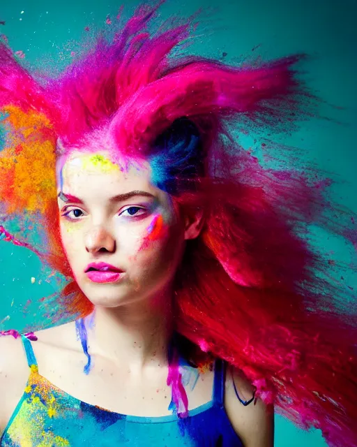Image similar to a dramatic lighting photo of a beautiful young woman with cotton candy hair. paint splashes. with a little bit of red and yellow