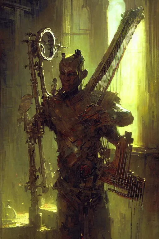 Prompt: modern looking robot man holding a fantasy harp in a grimy dungeon portrait dnd, painting by gaston bussiere, craig mullins, greg rutkowski, yoji shinkawa