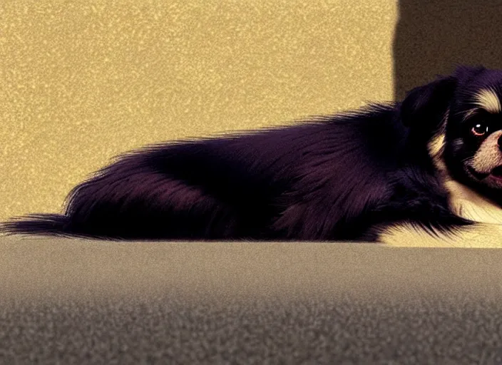 Prompt: a wholesome animation key shot of a black tibetan spaniel, laying down, sad, on a wet tokyo street, studio ghibli, pixar and disney animation, sharp, rendered in unreal engine 5, anime key art by greg rutkowski, bloom, dramatic lighting