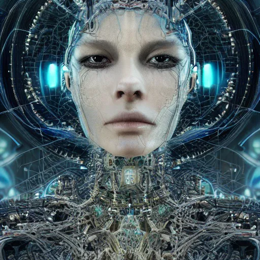 Image similar to timeless cybernetic deity with circuitry skin and networked mind tripping on acid, intricate detail, royo, whealan, giger, klimt, hd, octane render, unreal engine,