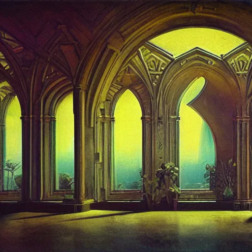 Image similar to 70s interior with arched windows, neon lighting, greenery, cyberpunk, dramatic, fantasy, by Moebius, by zdzisław beksiński, Fantasy LUT, epic composition,