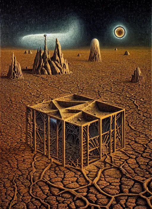 Prompt: the ancient alien home world by remedios varo and ivan shishkin and zacharias aagaard and simon stalenhag and escher, dry river bed, barren desert landscape, chiaroscuro, tonalism, sfumato, high saturation, high contrast, vibrant, highly intricate details, dusty