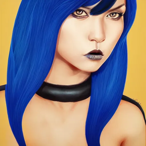 Prompt: illustrated realistic portrait of ram-horned devil woman with blue bob hairstyle and her tan colored skin and with solid black eyes wearing leather by rossdraws